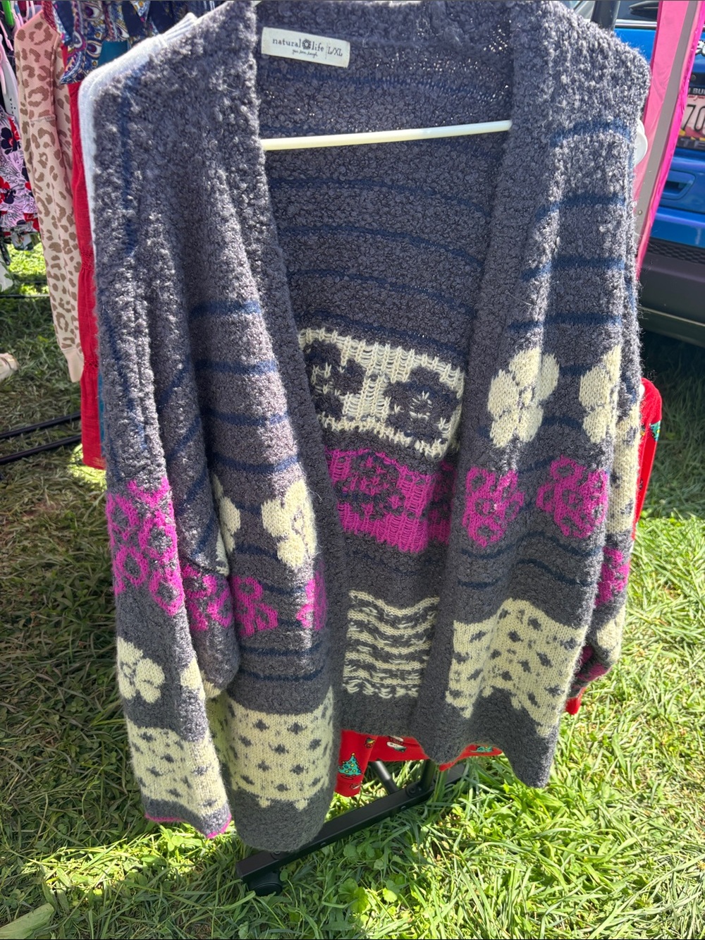 NATURAL LIFE Charcoal Gray Knit Cardigan with Cream & Pink Floral Accents
